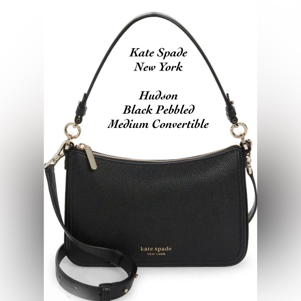 NWT KATE SPADE Hudson Pebbled Leather Convertible Handbag w Pink Dust Bag Black
